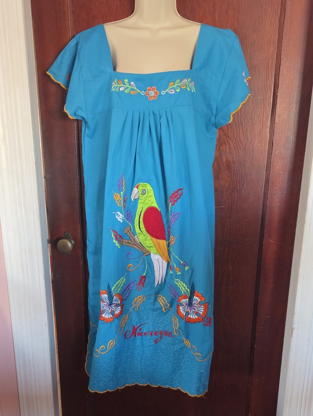 Embroidered Teal Women's Dress with Parrot Motif